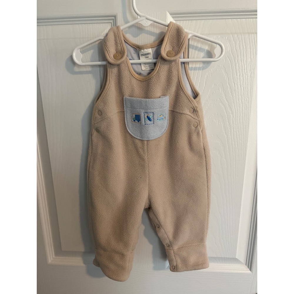 Baby Boys Car Truck Embroidery‎ Fleece Jumpsuit Overalls 6M Tan Blue